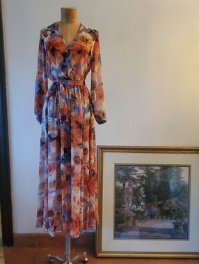 Long Sleeve Floral Wrap Maxi Dress in Orange and Blue